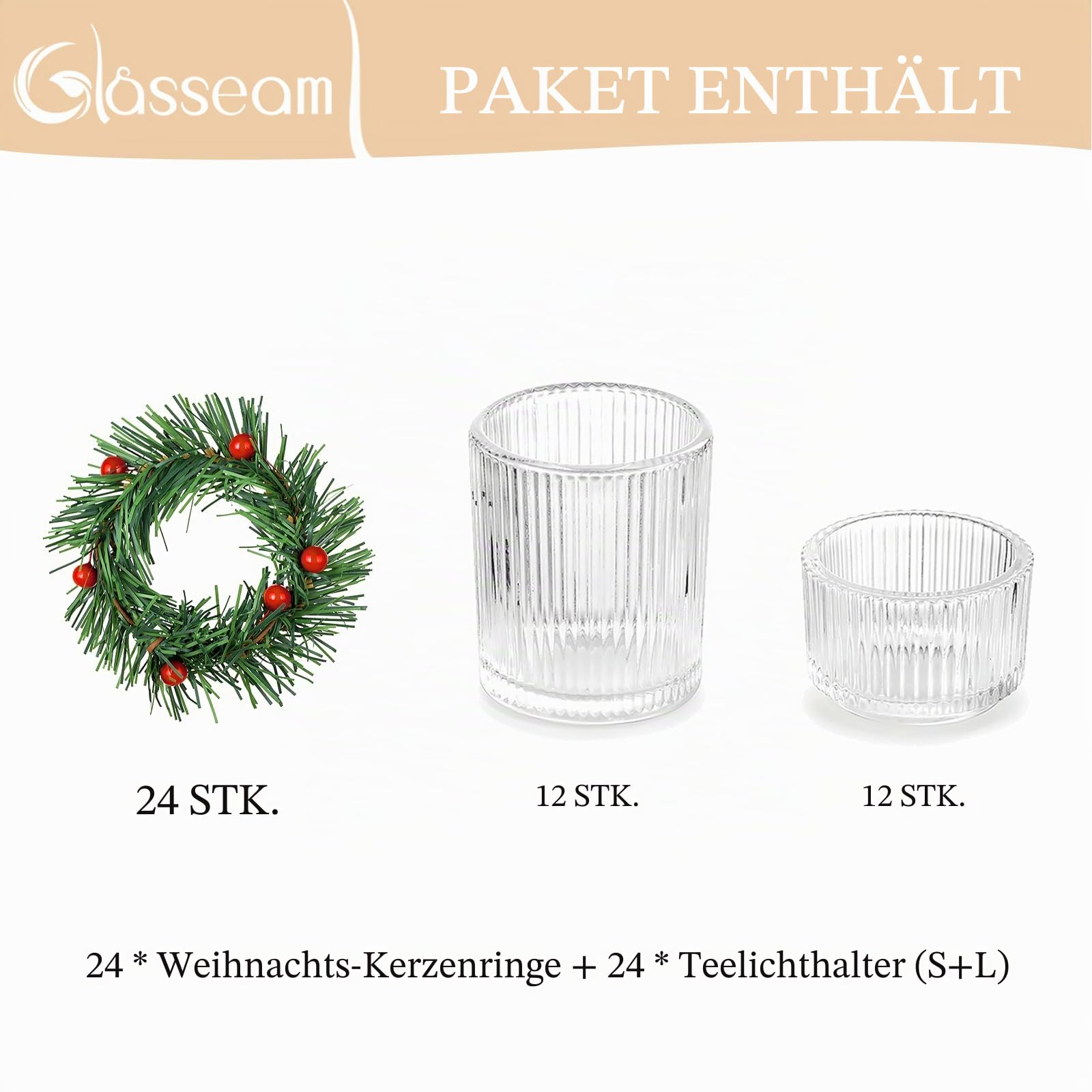 Glasseam Teelichthalter Weihnachten: 24er Set Gerippt Teelichtgläser