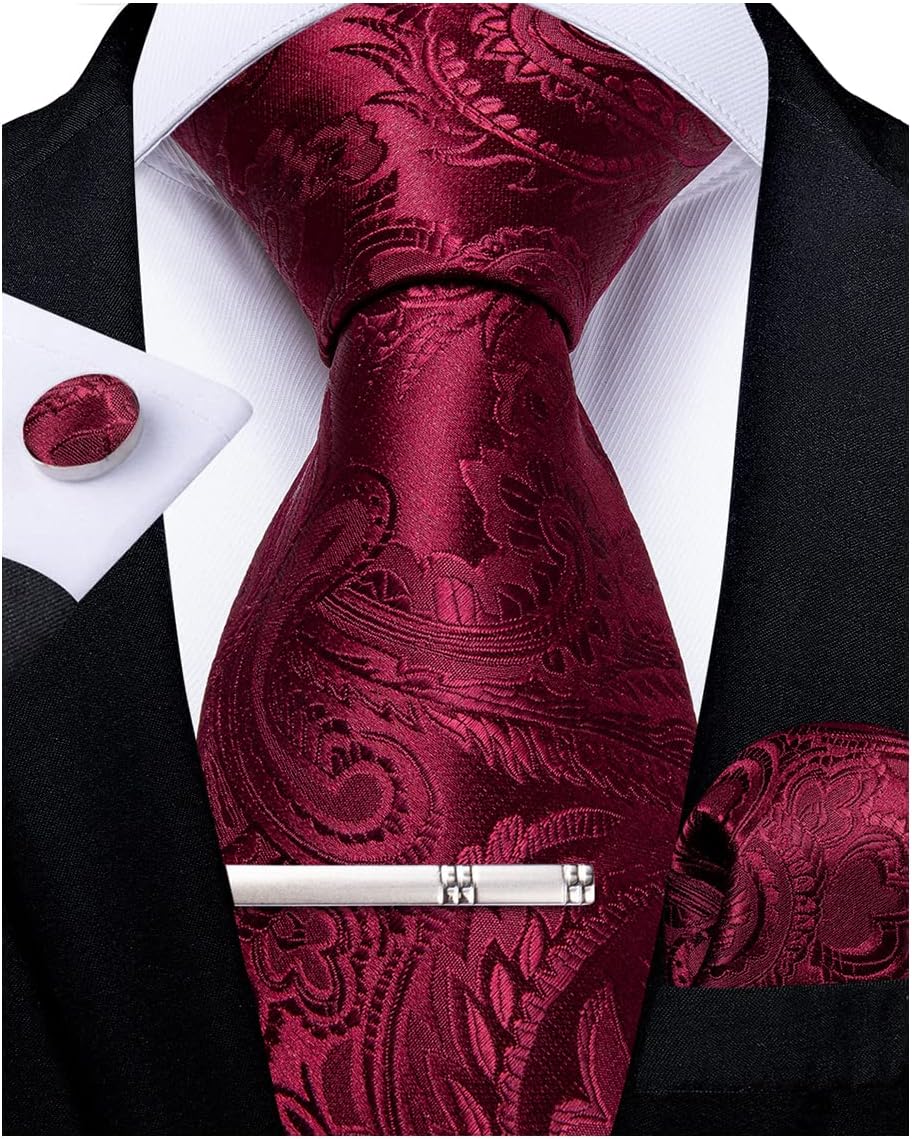 DiBanGu Burgundy Paisley Ties Silk Tie and Pocket Square Cufflinks Tie Clip for Men Wedding