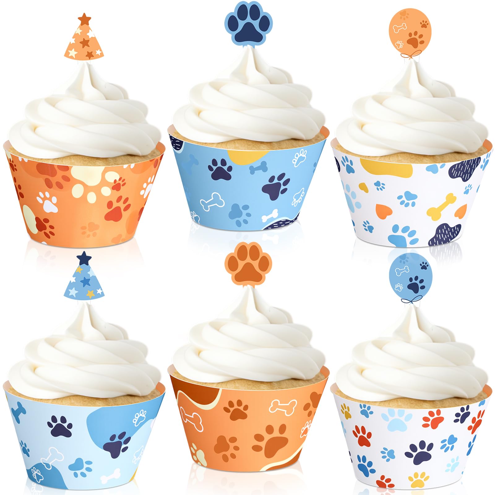 Photo 1 of Pajean 60 Pieces Blue Paw Cupcake Toppers and Wrappers, Dog Paw Cupcake Decorations for Pet Puppy Dog Theme Birthday Baby Shower Theme Party Decorations Supplies