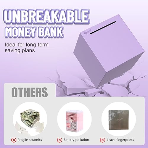 Miniatura 4 de Hucha para adultos, debe romperse para abrir, caja de ahorro de dinero de acero inoxidable (morado, tamaño de palma)