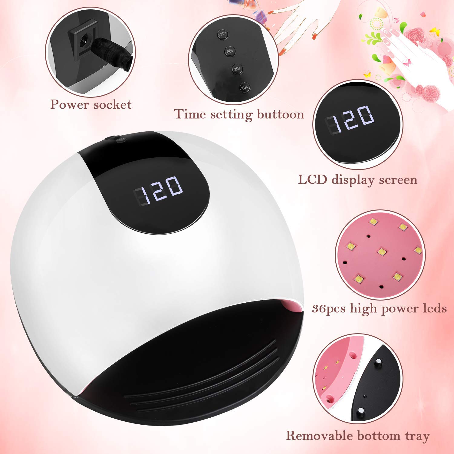 Secador de uñas LED UV, SZSMD 80 W, lámpara de uñas con sensor, temporizador 30/60/90/120S, pantalla LCD, sensor de infrarrojos, placa desmontable, luz profesional para esmalte de uñas de gel Shellac