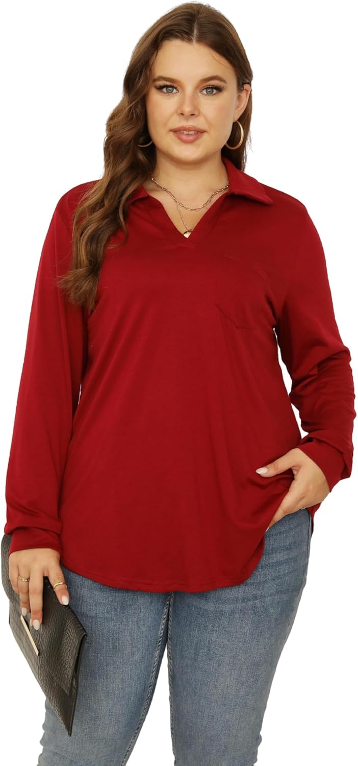 Women Plus Size Long Sleeve Collared V Neck Shirts Business Casual Work Tops Dressy Loose Tunic Blouses 1X-5X - Image 2