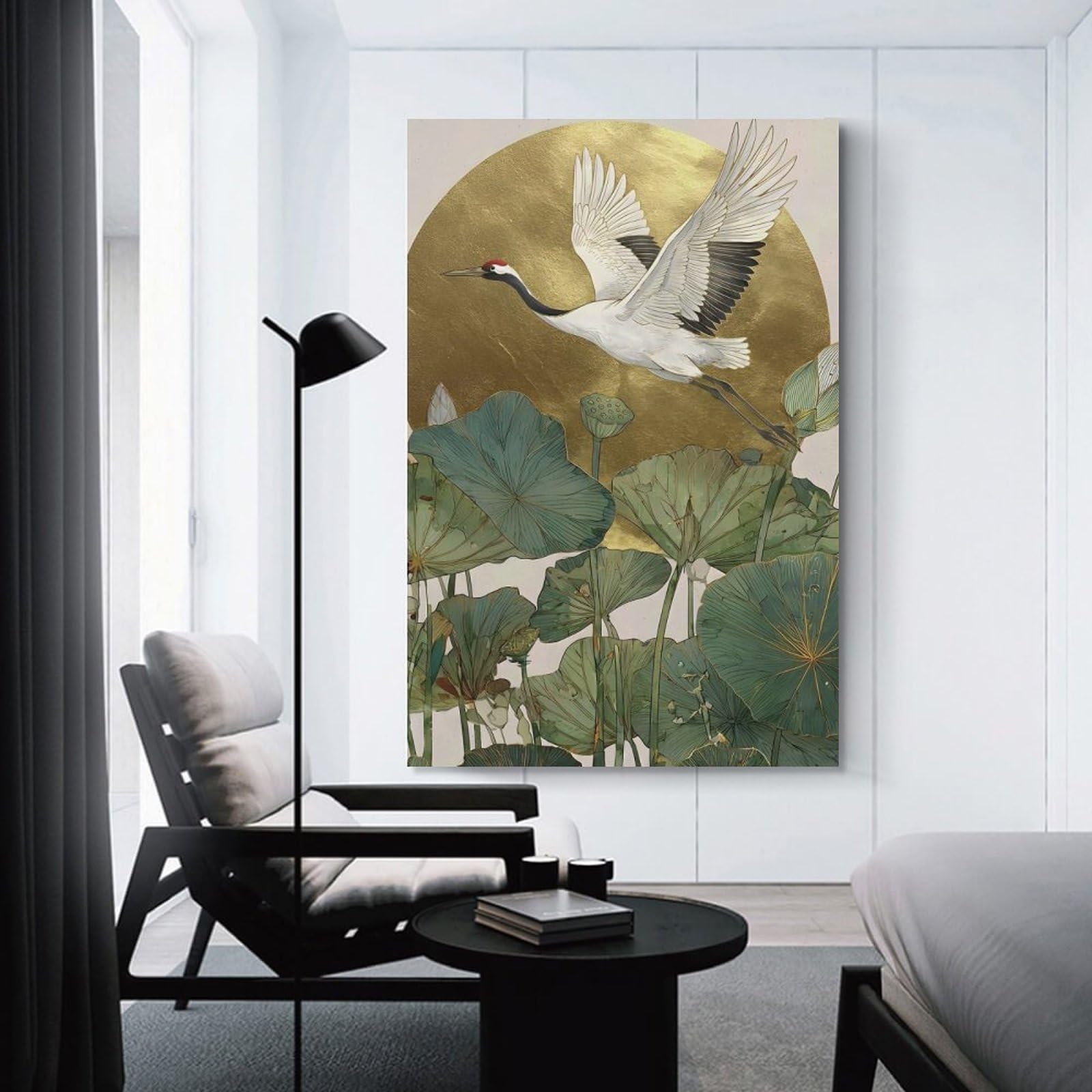 Junmoney Crane Flying over Lotus Pond Canvas Art Print 24x36inch(60x90cm), for Entrance Spaces, Stair Walls Or Halls, Wall Decor to Refresh Empty Corners