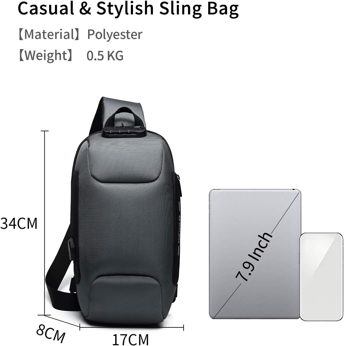 FANDARE New Men Sling Bag Anti-theft Crossbody Bag Chest Pack with Password Lock,USB, Reflective Stripe Shoulder Bag for Cycling Camping Riding Hiking Waterproof Polyester Gray - Image 6