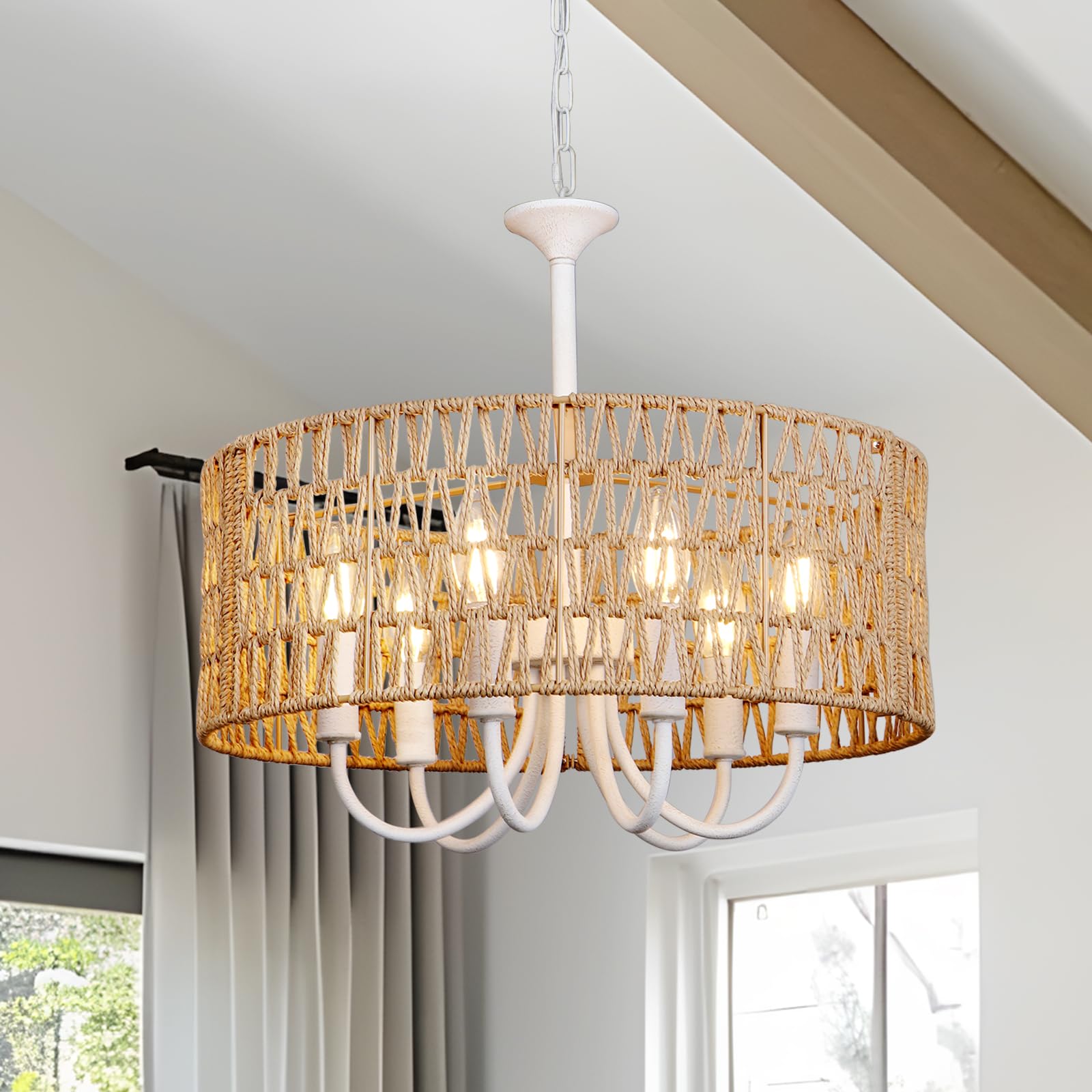 LynPon Rattan Pendant Light, 6 Lights Vintage Boho Ceiling Light Ø45 cm, Wicker White Chandeliers Ceiling Light E14, Rattan Lampshade for Living Room Bedroom Dining Room Hallway Kitchen Island