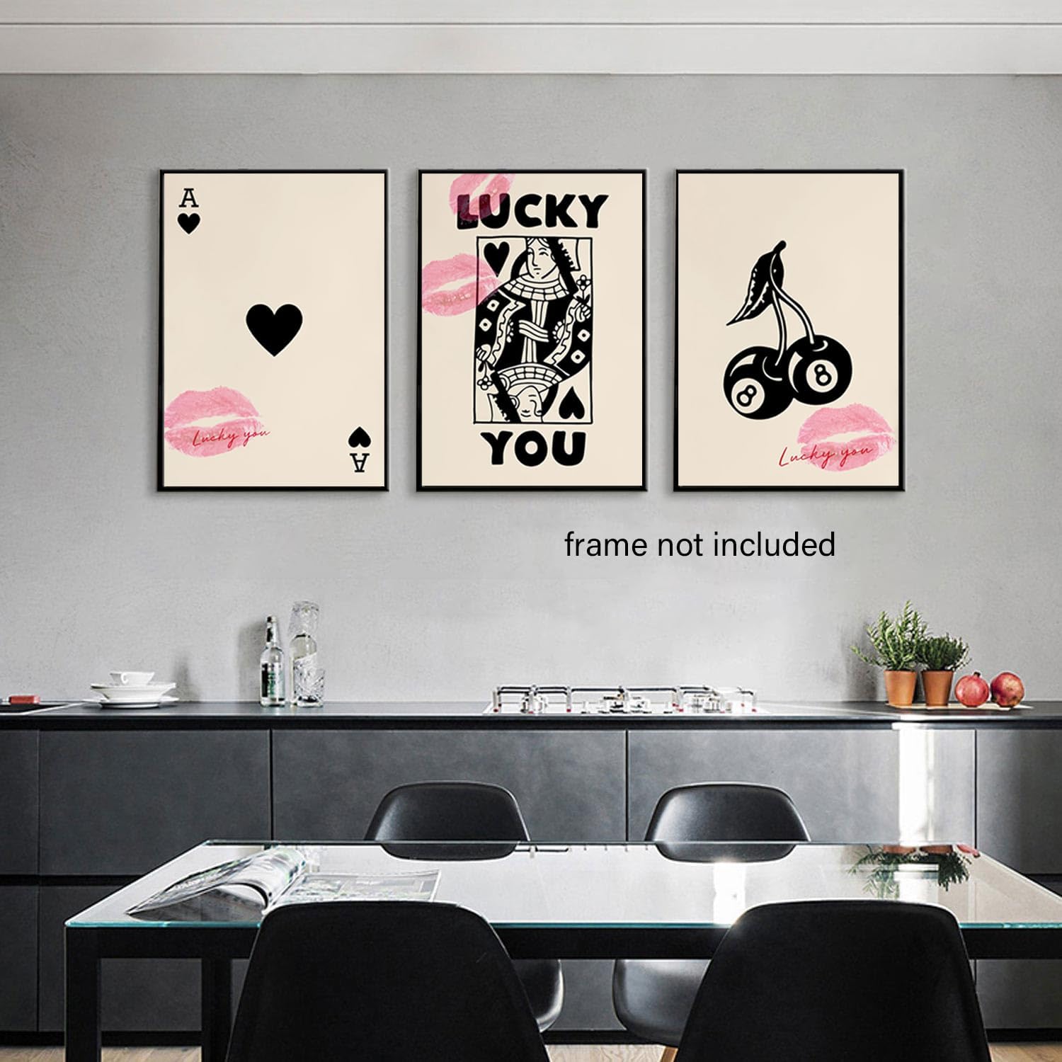 LYPHNX Trendy Ace of Spades Poster Wall Art Vintage Poker Queen Luck You Prints Black 8 Ball Cherry Set of 3 Wall Decor Kiss Lips Preppy Coquette Painting Picture for Bedroom Dorm 16x24 Unframed
