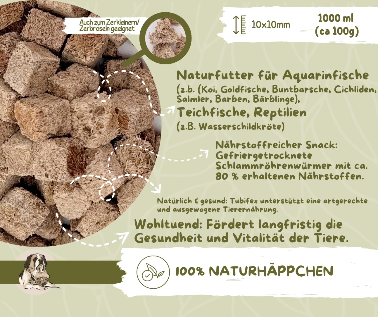 Warnick´s Tierfutterservice Naturhäppchen Tubifex FD, Schlammröhrenwürmer gefriergetrocknet - 1000 ml in Eimer - Naturfutter für Zierfische