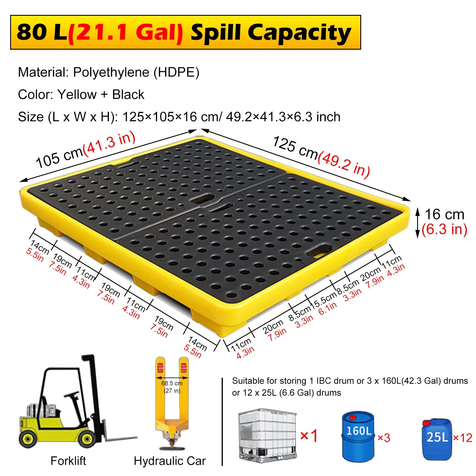 RENLXFI Spill Containment Platform, Industrial Safety Stackable Plastic Pallets for Basement Factory Garage Warehouses Storage, Modular Pallets with Drain Outlet(125x105x16cm(49.2x41.3x6.3 in))