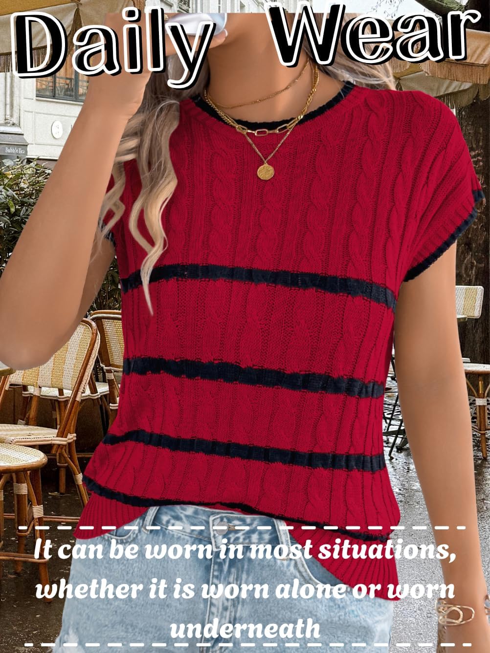 Women Summer Sleeveless Sweater Vest, Crew Neck Striped Cap Sleeve Cable Knit Tank Tops, Work Casual Outfit Going Out - Image 4