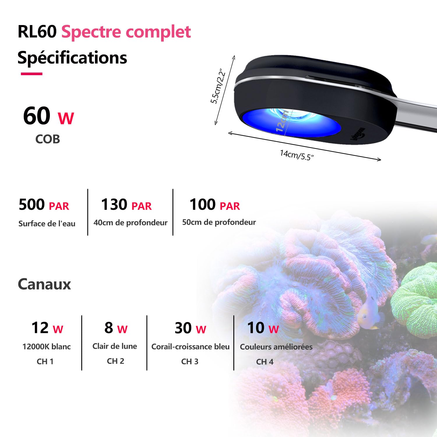 PopBloom RL60 WiFi Rampe LED Aquarium Eau de Mer 60W, APP Programme lampe aquarium eau de mer à Spectre Complet pour Aquarium de Corail recifal, L'APP supporte le français (Noir)