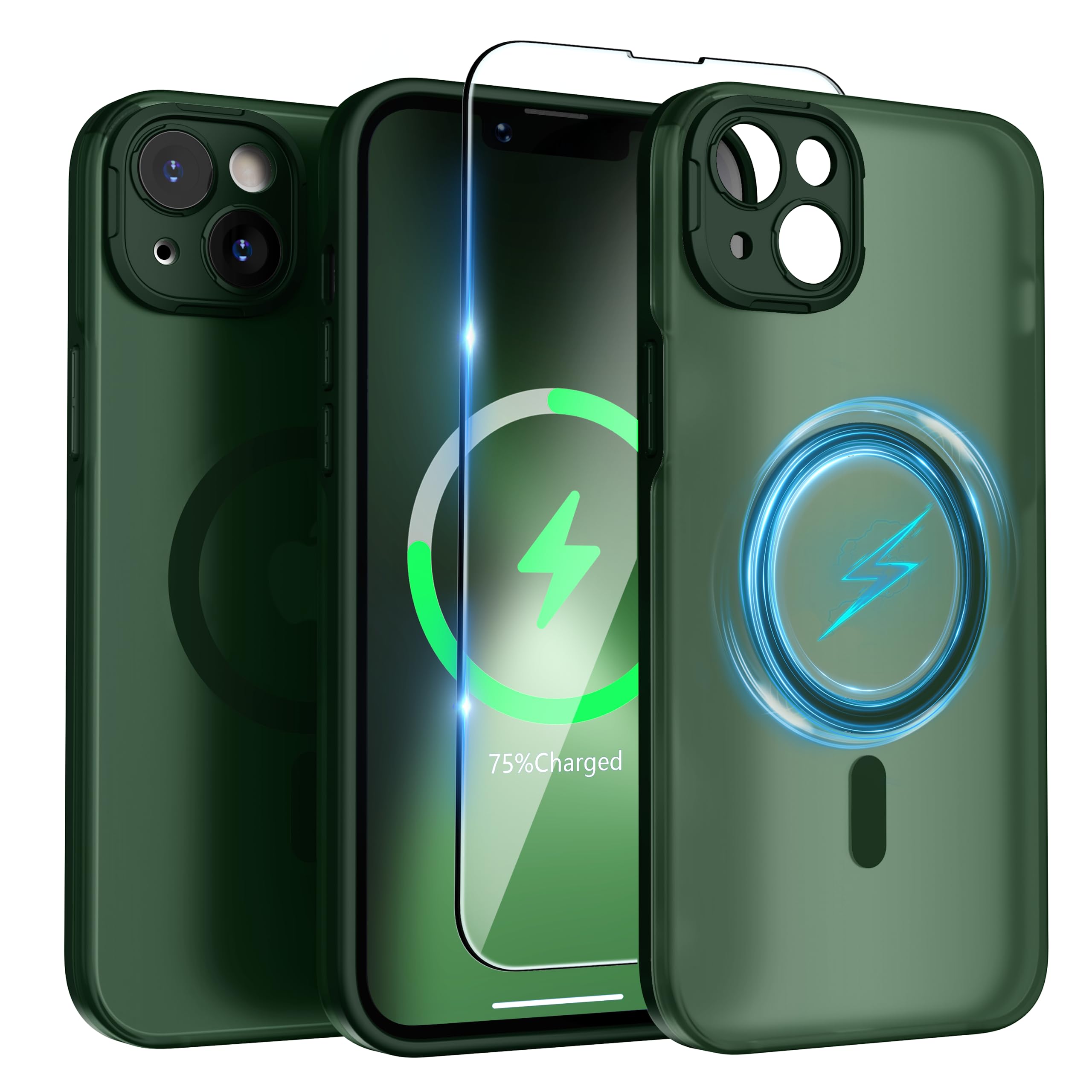 SURPHY Designed for iPhone 14 Plus Case Compatible with MagSafe (6.7 inch, 2022), with Screen Protector & Camera Protector Translucent Matte Phone Case (Green)