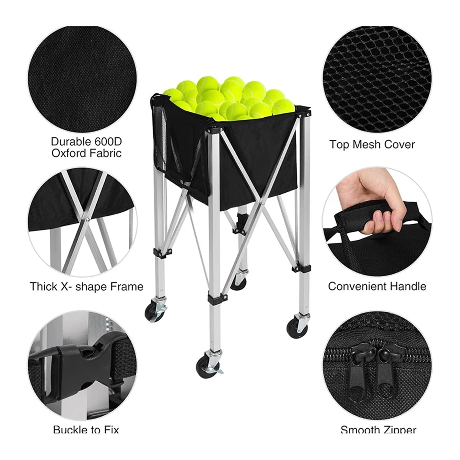 Hopper de Tenis Carrito de Tenis Plegable aleación Aluminio con Marco, Cesta móvil y portátil especializada