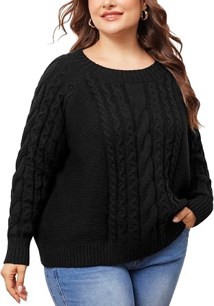 Agnes Orinda Plus Size Women Crewneck Long Sleeve Knit Pullover Sweater