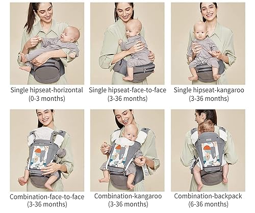 Miniatura 6 de Bebamour - Portabebés delantero y trasero para llevar de bebé a bebé con extensor de cintura 3 almohadillas para babear color gris nuevo