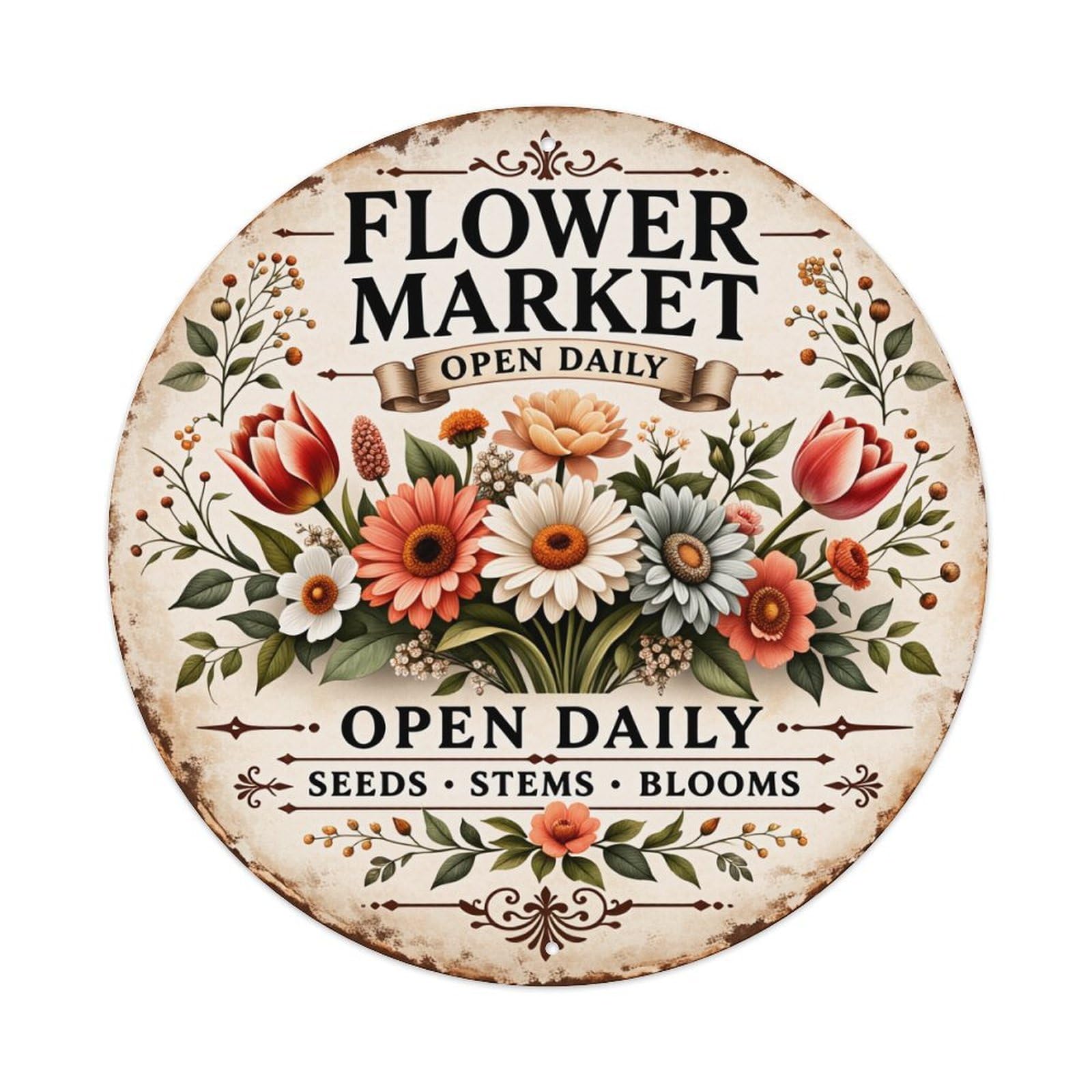 Flower Market Sign Design Pattern Round Tin Sign Vintage Metal Poster, Home Bar Garage Man Cave Cafe Indoor & Outdoor Wall Decoration 8x8Inches