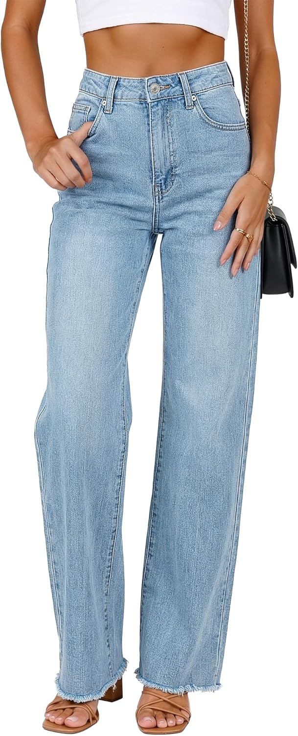 GRAPENT Straight Leg Jeans for Women High Waisted Stretchy Frayed Raw Hem Loose Denim Pants Casual Baggy Jean Trousers