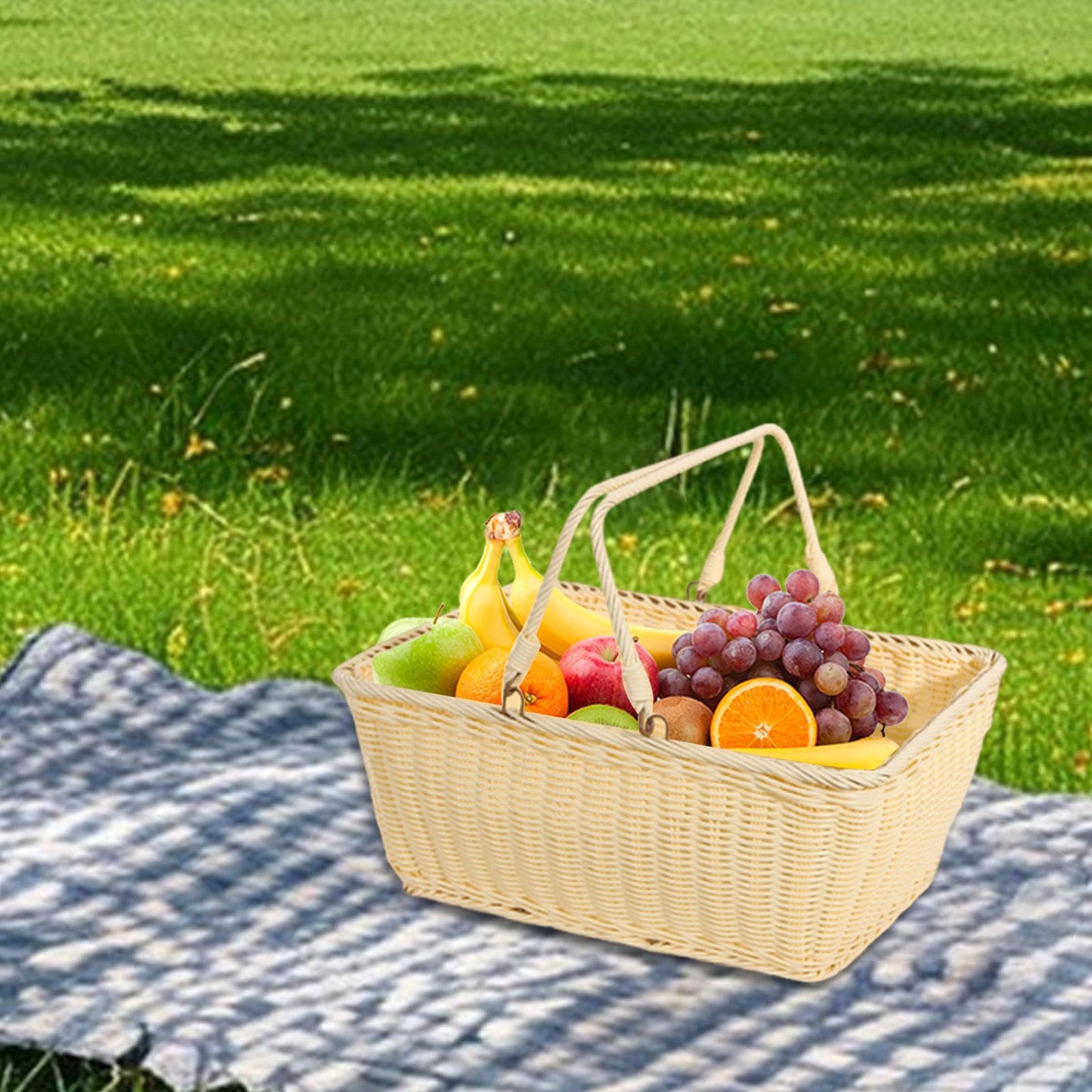 Weiden-Picknick-Aufbewahrungskorb mit faltbarem Griff, PP gewebte, leere Picknickkörbe, stabiler Eisendrahtrahmen, vielseitiger Erntekorb für Camping, Strand, Park, Halloween, B 45 x 35 x 20
