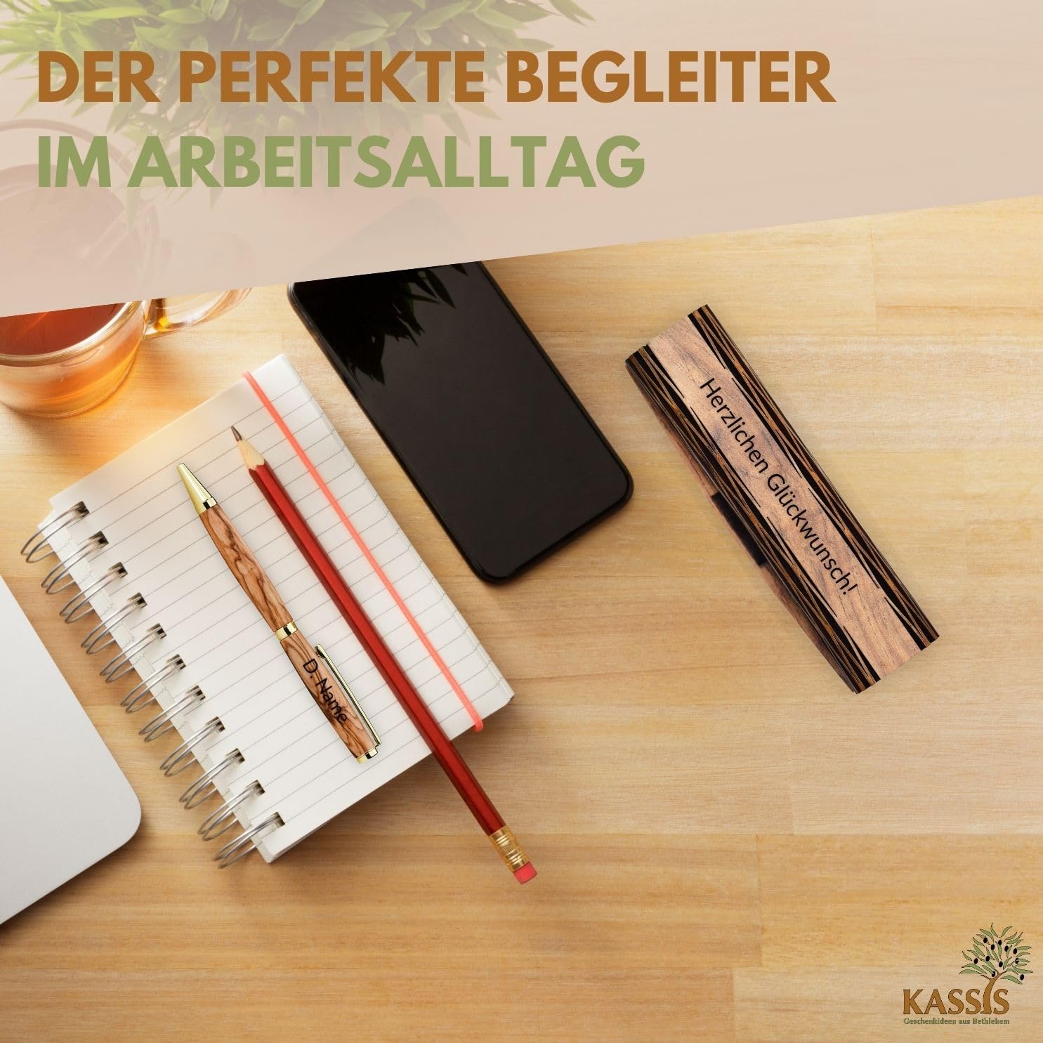 Kassis Geschenkartikel Personalisierbarer Kugelschreiber aus Olivenholz mit Holzschachtel – stilvolles handgefertigtes Schreibset für Büro, Schule, Firma und besondere Anlässe