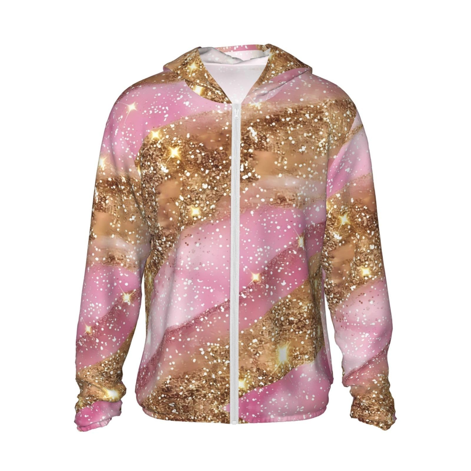 Amazingtr Unisex As Pic Pink And Gold Glam Glitter Sun Protection Zip Up Hoodie Jacket - Soft Long Sleeve Sun Shirt For Women Men