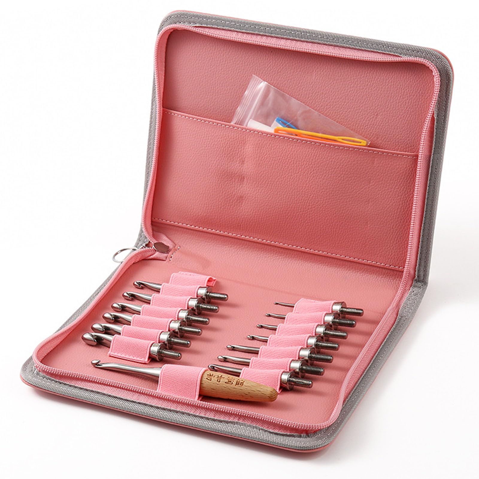 Aguja de ganchillo de acero inoxidable con 14 puntas intercambiables ergonómicas con mango de madera para tejer, manualidades, ganchos de acero inoxidable