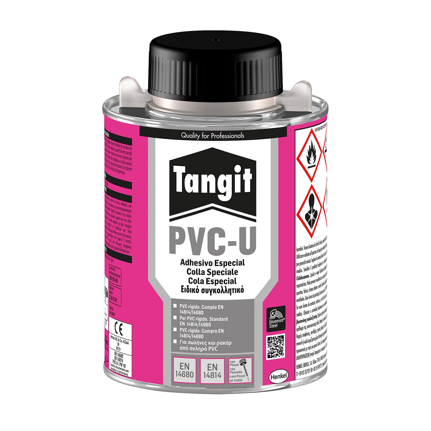Tangit PVC-U Pegamento para Tuberías con Pincel, Transparente, Lata, 500 g | Para Tuberías, Planchas y Perfiles PVC Rígido, Antifugas, Conforme ES 14814/14680, Uso en Saneamiento, Riego y Construcción