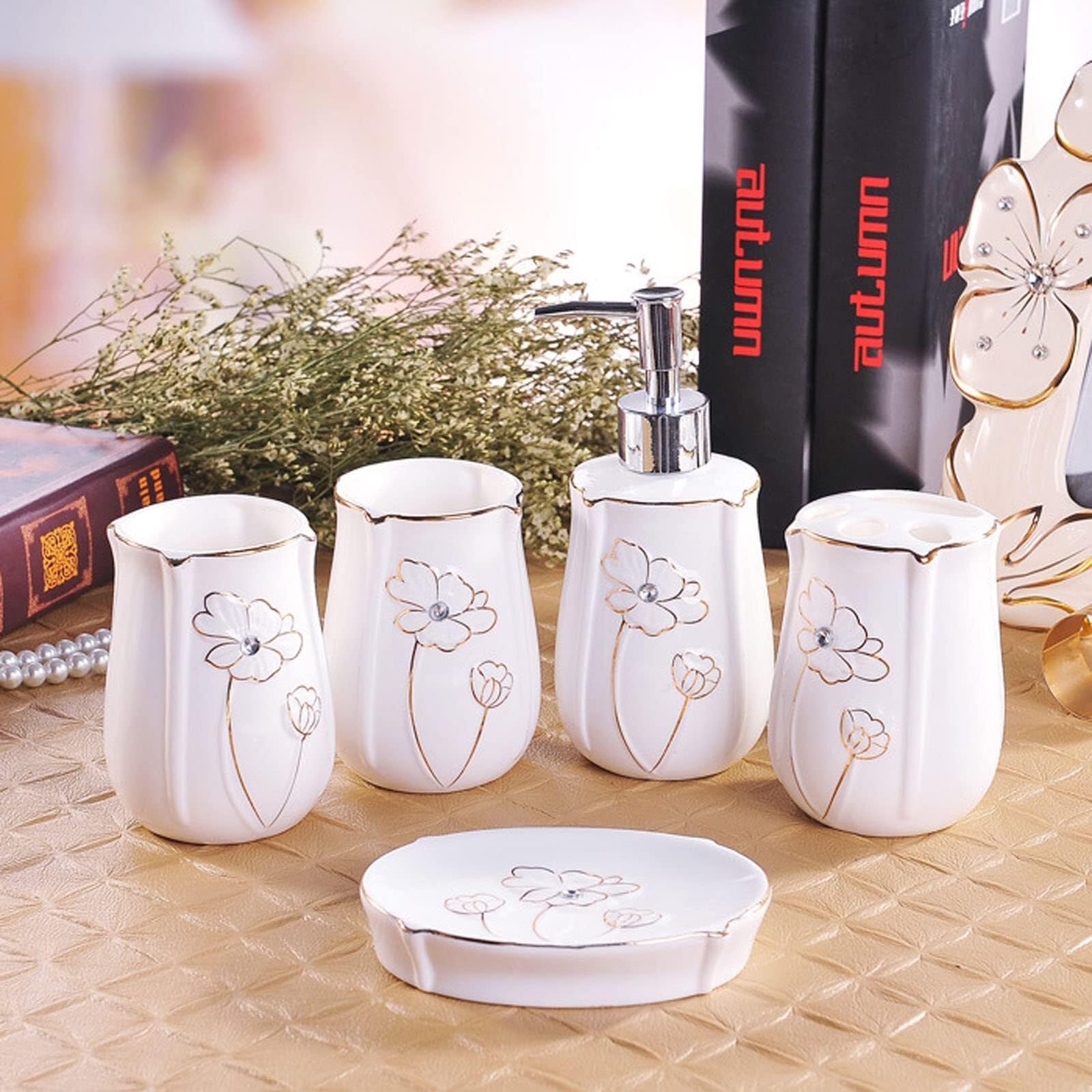 Juego de Accesorios de baño Juego de baño cerámica 5 Piezas Que Incluye dispensador loción, Porta cepillos Dientes, Vaso y jabonera Decoración estética para el hogar
