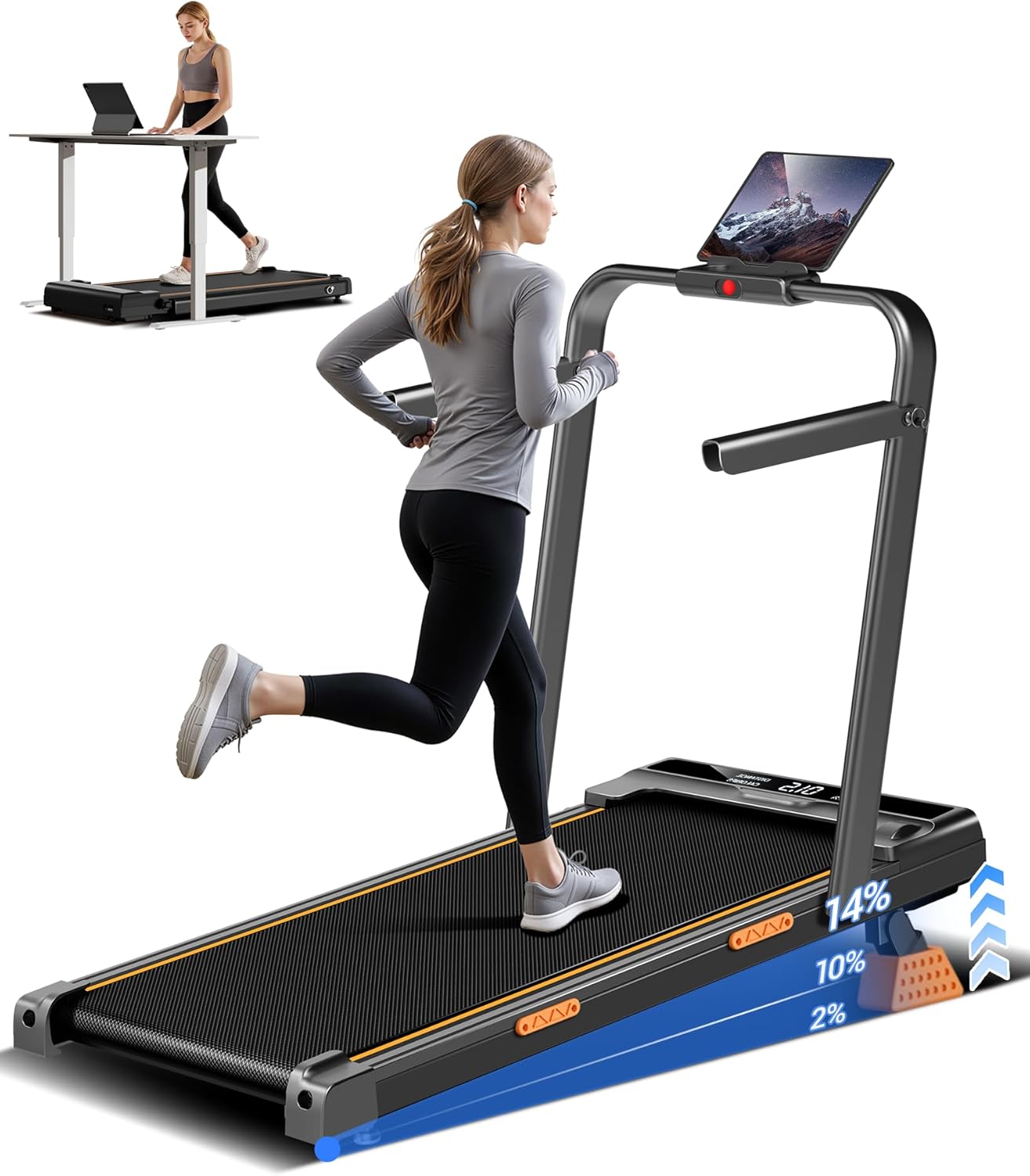 14% Incline Walking Pad Treadmills for Home Small, 4-in-1 Under Desk Treadmill with Handles, Foldable Treadmill with 2.5 HP Quiet Brushless, 330 LBS Capacity