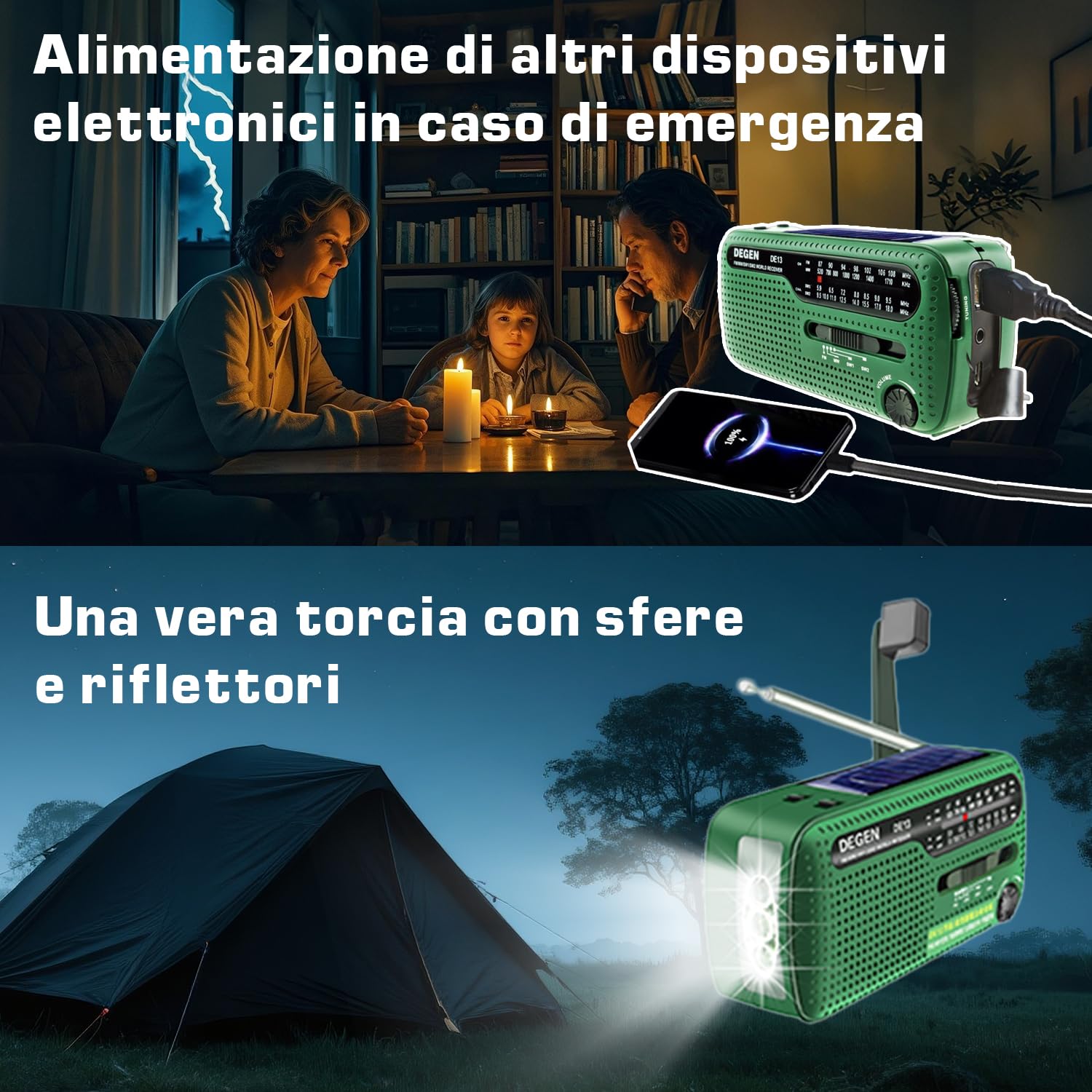 DE13 FM AM SW Radio Portatile Manovella Solare EmergenzaRadio Wind Up Radio con Torcia Elettrica Luce da Lettura Regolabile SOS Allarme Funzione Adatta a Famiglia Campeggio