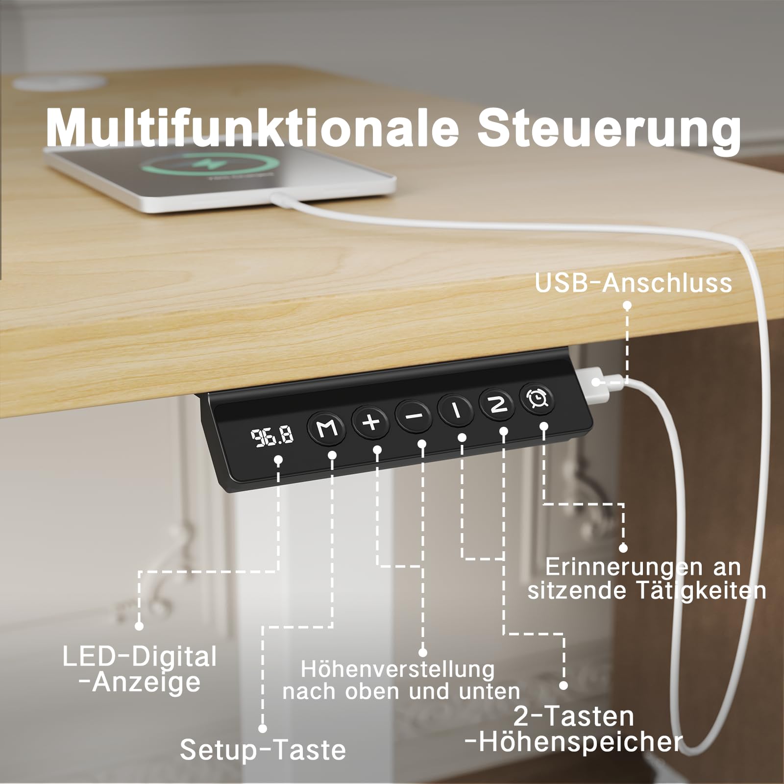 Flamaker Höhenverstellbarer Schreibtisch Ganze Tischplatte 110 x 53 cm Elektrischer Schreibtisch Höhenverstellbar für Steh-Sitz, Computertisch mit Memory-Funktion,Standing Desk,Beige