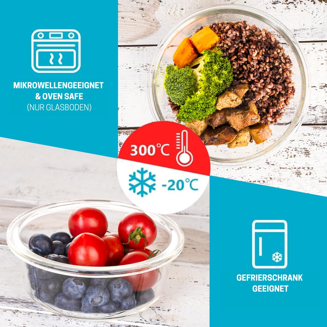 Igluu Meal Prep Runde Glas-Frischhaltedosen mit BPA-freiem Deckel (5er-Pack + 1 Ersatzdeckel) – mikrowellen-, ofen-, gefrier-, spülmaschinengeeignet, auslaufsicher – 950 ml - robustes Borosilikatglas