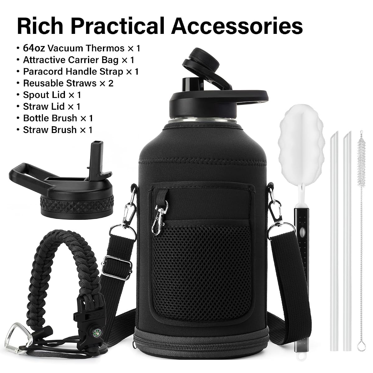 DYSANKY Insulated Water Bottle w/Straw Lid & Portable Carrier Bag, 64oz Advanced Black 64 Ounces image 1