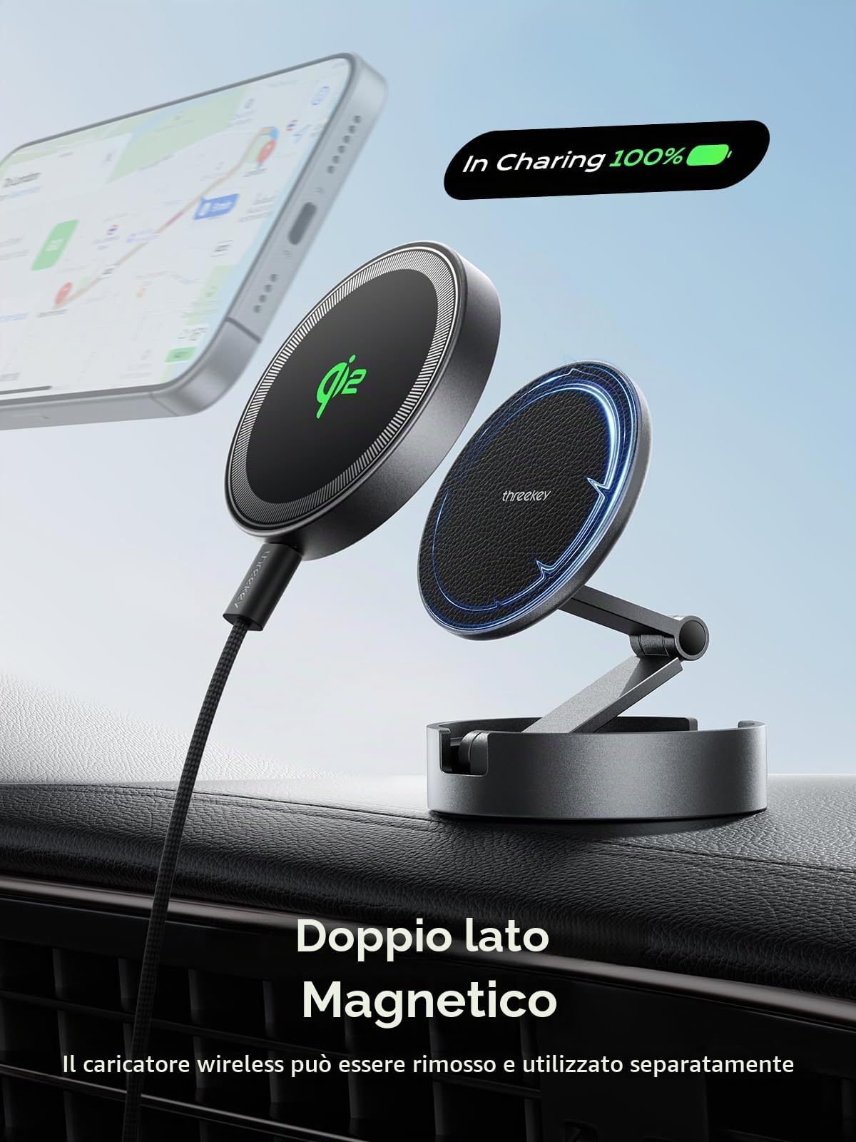 THREEKEY Caricatore Wireless Auto per Magsafe, Qi2 15W Supporto Telefono Auto Magnetico, Car Phone Holder Ricarica Wireless Con Rotazione a 360° per iPhone 16/15/14/13/12 e Samsung S25, Nero