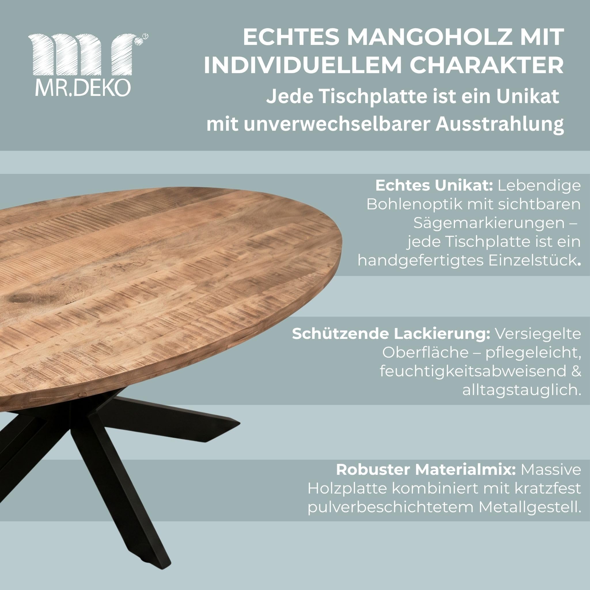 MR. DEKO Esstisch Avola Mango Cross Gestell oval 180x90 cm | Esszimmertisch für 4 Personen | Großer Design Holztisch | Runder Tisch stabil