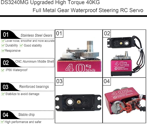 2Pack 40KG Digital RC Servo Waterproof DS3240MG High Torque Full Metal Gear Steering Servo Motor for 1/8 1/10 Scale RC Crawler Car Buggy Control Angle 270 500us-2500us