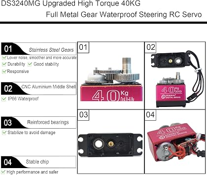 2Pack 40KG Digital RC Servo Waterproof DS3240MG High Torque Full Metal Gear Steering Servo Motor for 1/8 1/10 Scale RC Crawler Car Buggy Control Angle 270 500us-2500us