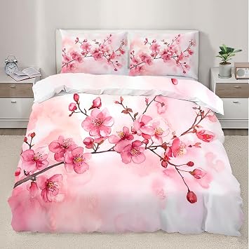 Cherry Blossoms Duvet Cover Set Full,3 Pieces Pink Flowers Comforter Cover Set with 2 Pillowcases Pink Watercolor Bedding Set Full 80" X 90"Not Comforter