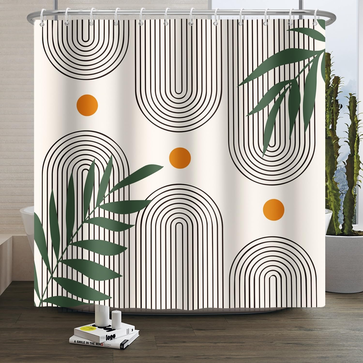 Xiaoterna Sol Línea Cortina de Ducha Bohemia Rústica Cortina de Baño Resistente al Moho Occidental Retro Abstracto Sol Cortina de Baño Hojas Tejido Impermeable Lavable a máquina 90x180cm