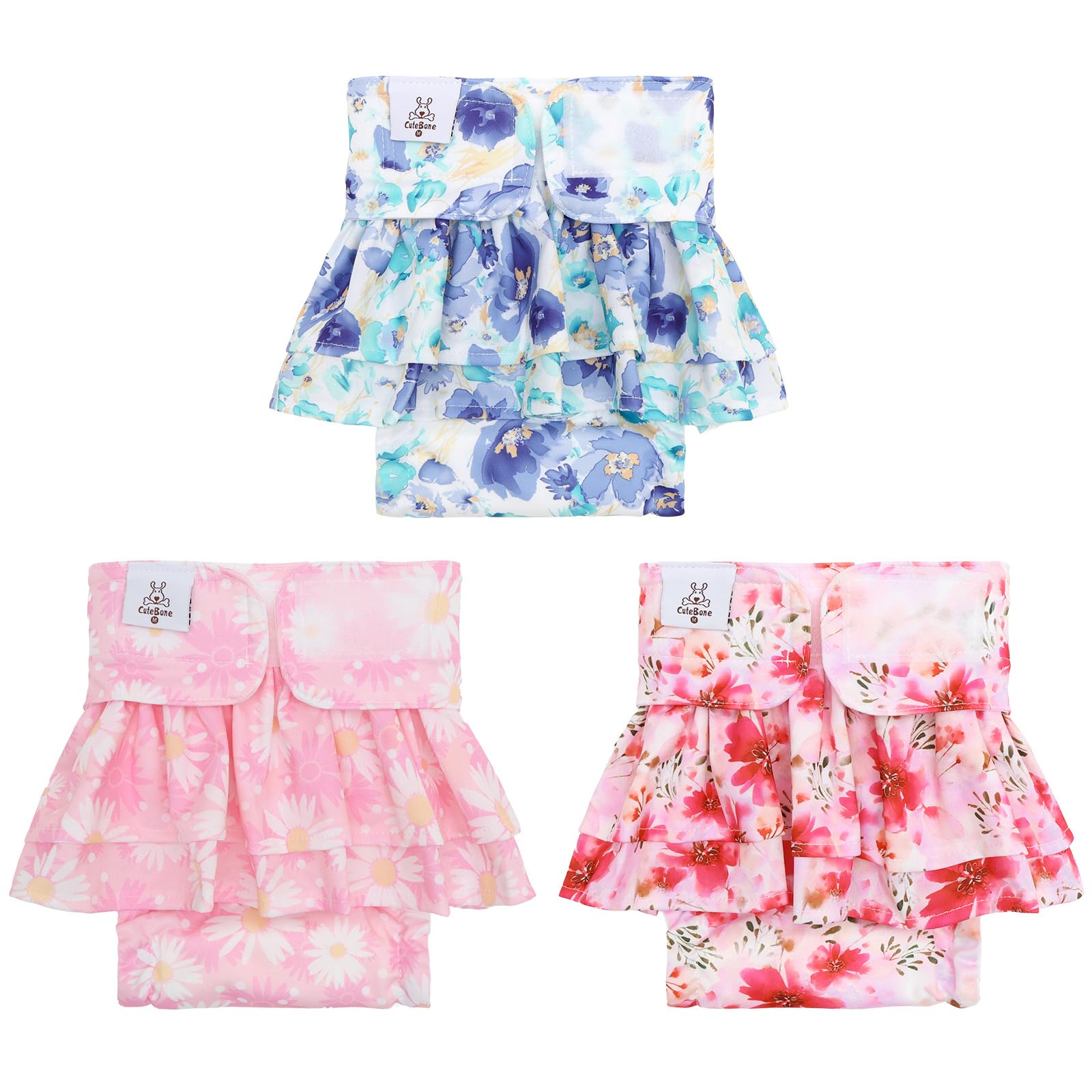 CuteBone Female Dog Diapers with Skirts 3 Pack Reusable Puppy Dresses Pants for Heat Cycle Period QBD34S — image 1