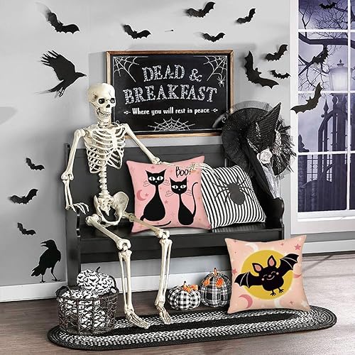 Miniatura 5 de Juego de 4 fundas de almohada rosas con diseño de gatos negros, arañas abucheantes, fantasmas, murciélagos, luna, calabaza, lunares, vacaciones,