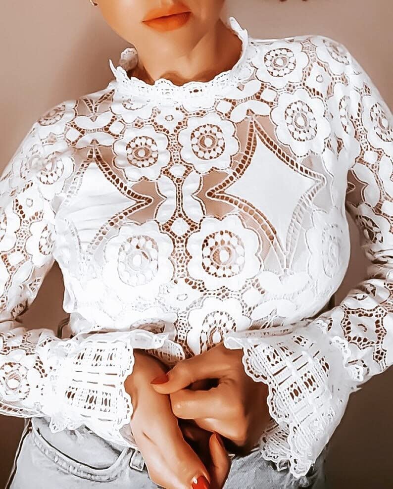 Image of Womens Dressy Casual Long Sleeve Lace Tops, Sheer Mock Neck Business Casual Tops,Going Out Tops for Girls