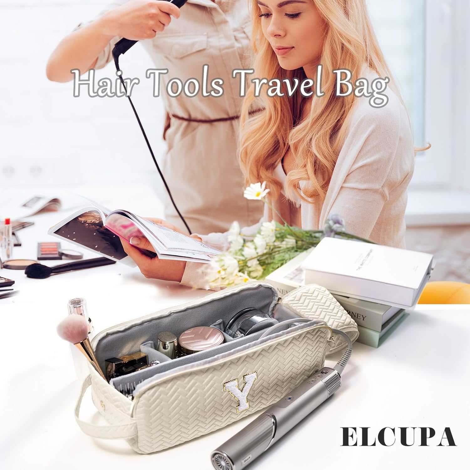 Initial Personalized Hair Tools Travel Bag Compatible with Shark FlexStyle, Revlon & Dyson | Hair Dryer Brush Organizer, Flat Iron, Curling Iron, Makeup & Cosmetic Bag for Travel Essentials
