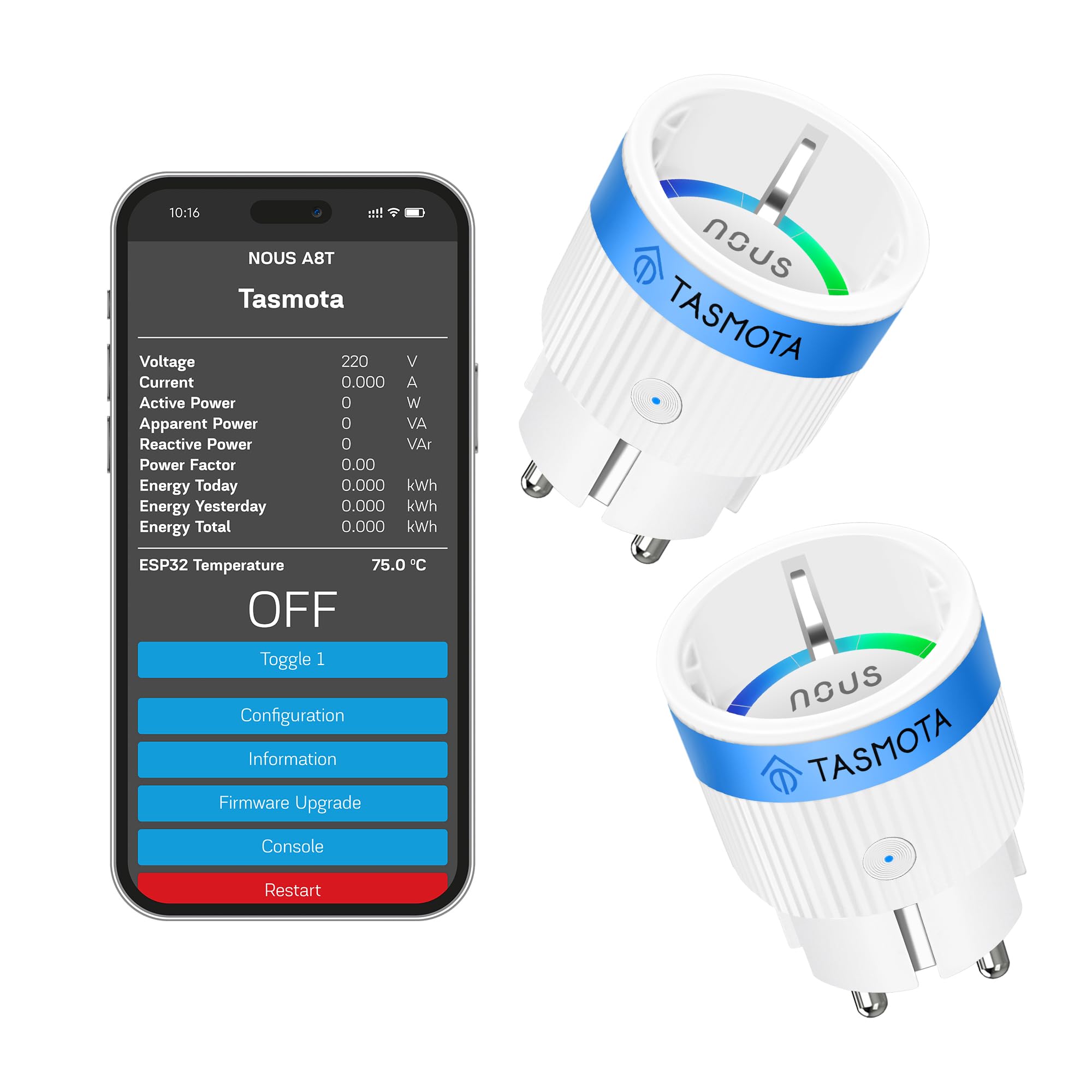 Tasmota Prise NOUS A8T, la plus petite prise Wi-Fi ESP32, mini prise Wi-Fi 10 A avec consommation d'énergie, minuterie, compatible avec Matter, Alexa, Google Home, Assistant, MQTT, 2,4 G