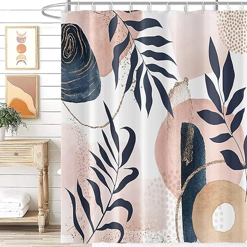 Miniatura 28 de Cortina de ducha de mediados de siglo, moderna abstracta con patrón geométrico atómico de explosión de estrellas para los años 50, accesorios de