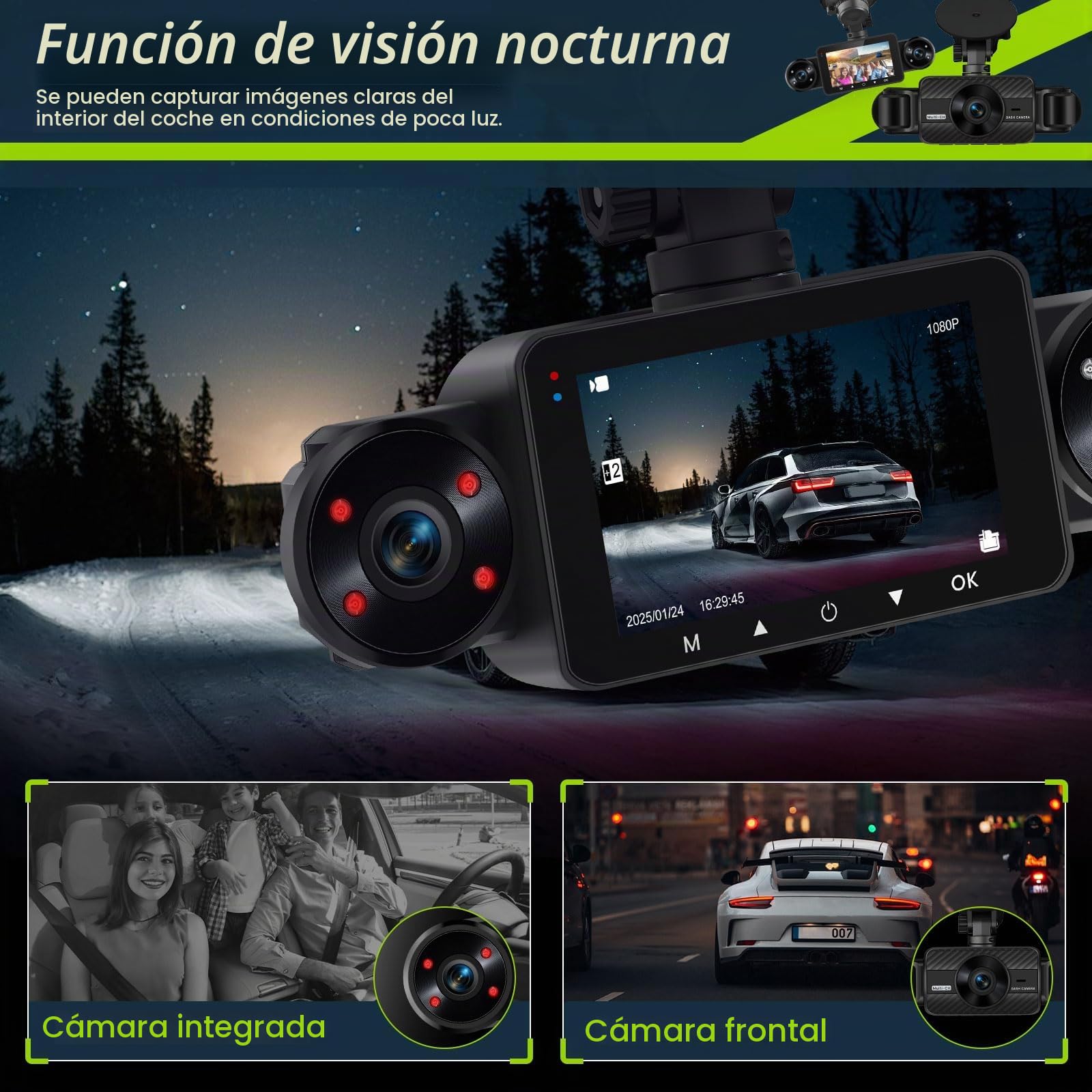 Hodozzy Cámara de Salpicadero Delantera y Trasera de 360° con 4 Cámaras, 1080P, 8 LEDs de Visión Nocturna IR, Pantalla Táctil IPS de 3", Grabación en Bucle, Sensor G, Visión Nocturna+Tarjeta SD de 64G