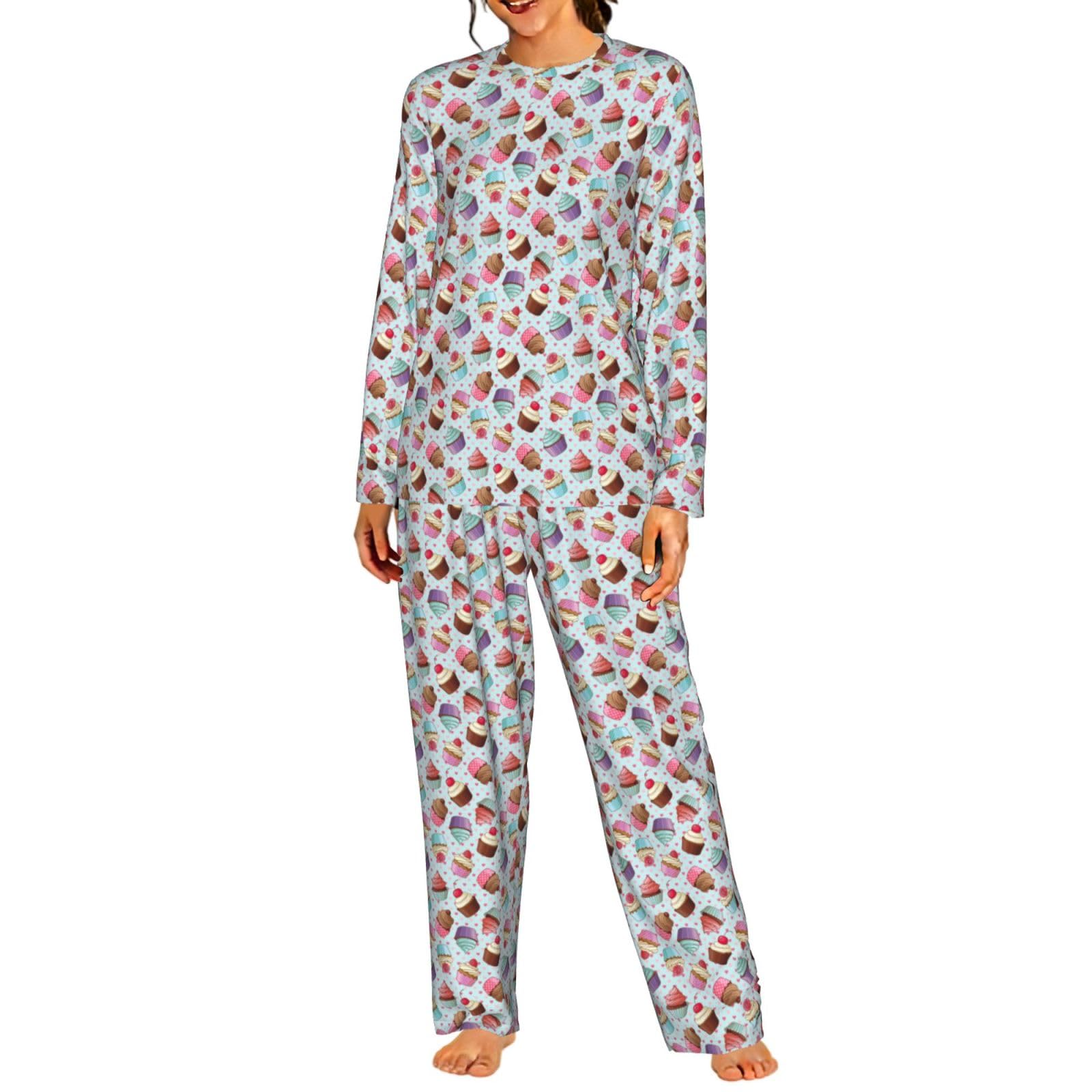 Pigiama da donna a maniche lunghe con stampa a cupcake morbido elastico coulisse casual Daywear