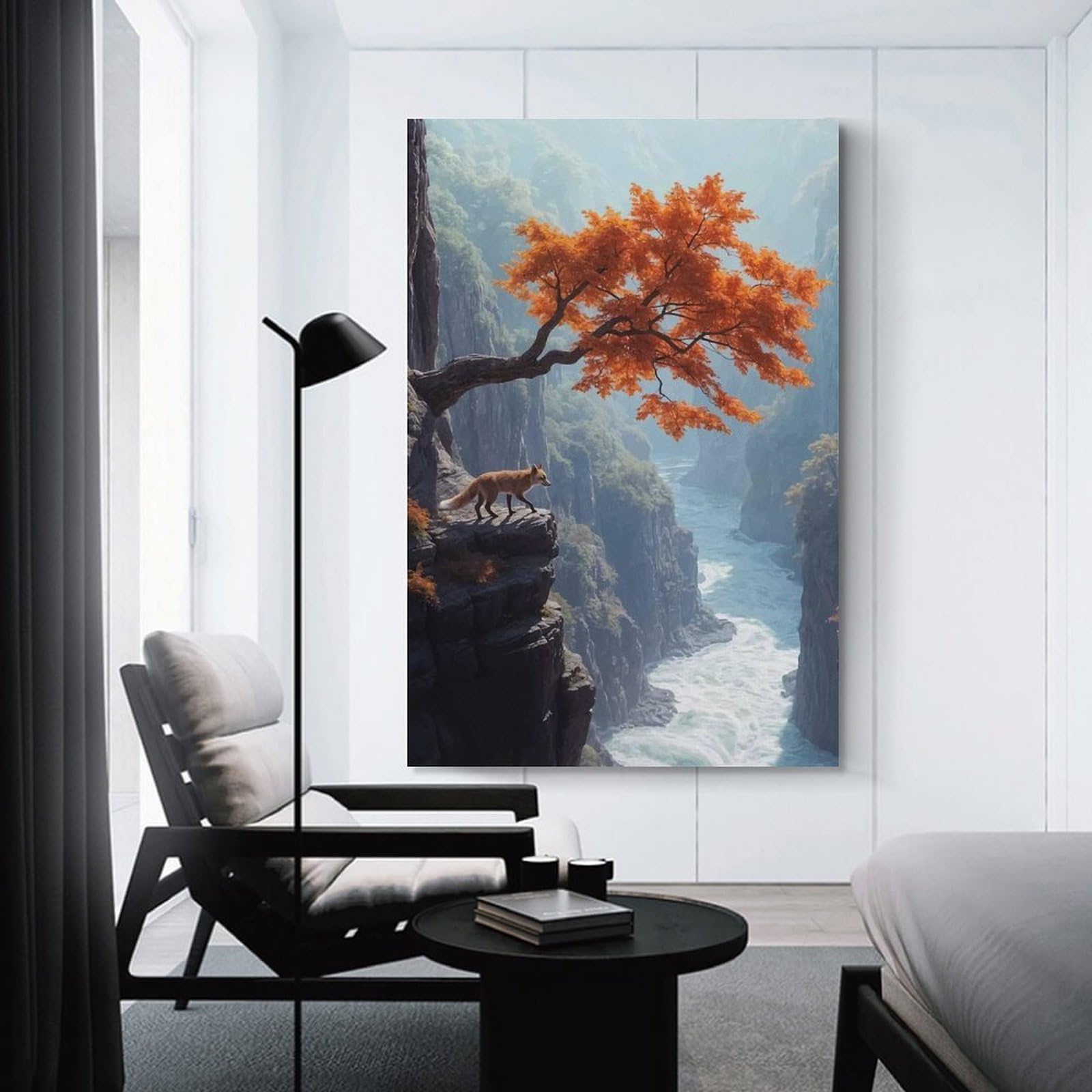 Junmoney Decorative Canvas Print Fox on Cliff with Autumn Tree, 12x18inch(30x45cm), for Home Office, Desk Area Or Studio, Home Office Artwork with Decorative Appeal