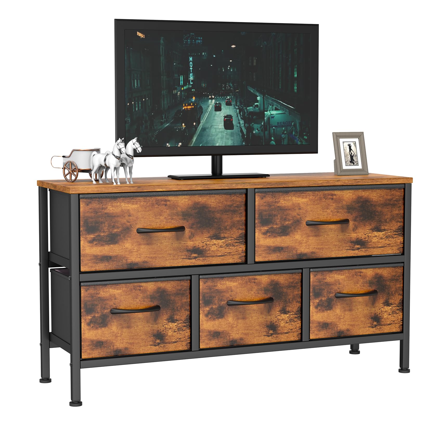 Feonase Bedroom Chest of Drawers, 5 Fabric Drawers Dresser with Metal Frame and MDF Top Board, Modern Storage Unit for Bedroom Living room, Entryway, Closet, Office, Rustic Brown
