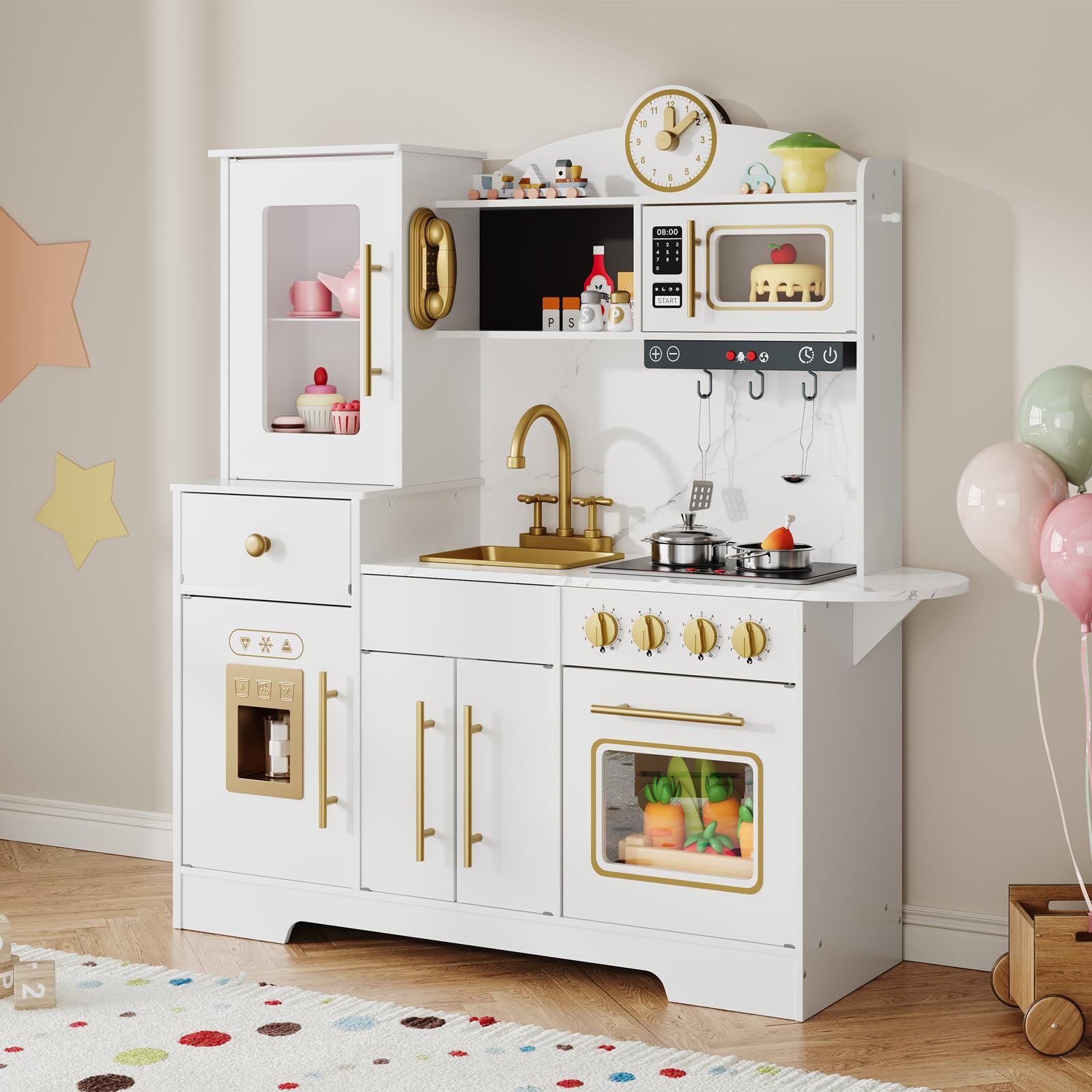 Kinderküche Spielküche Kinder, Holz Kinder Küche Mit Licht & Sound- Kreidetafel Mikrowelle Herd Spüle Kochutensilien Eismaschine Lernspielzeug Für Ab 3 Jahre Geburtstagsgeschenk,99.8×32×105 cm, Weißa