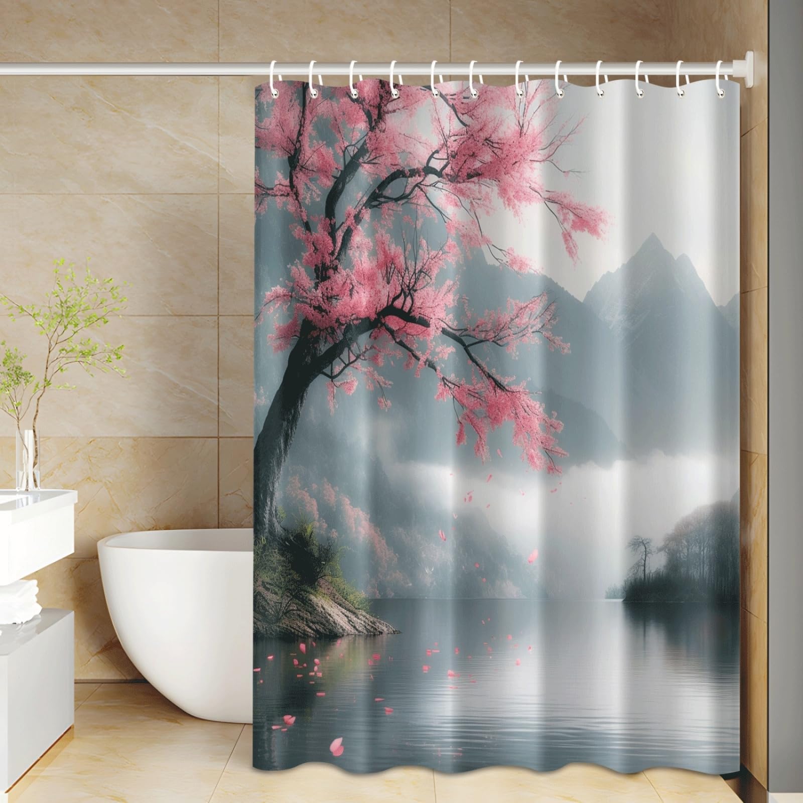Shower Curtain Grey Pink Landscape Mould Resistant Shower Curtains for Bathroom Washable Polyester Bathroom Curtains Decor Wet Room Quick Dry Anti Mould Bath Curtain with 12 Hooks 180x220cm