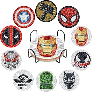 10 Pcs Diamond Painting Coasters Diamond Art Coasters with Holder, DIY 5D Funny Cool Cartoon Super Hero Diamond Painting Kits for Adults Kids Beginners, Diamond Art Crafts Kits Coasters for Drinks